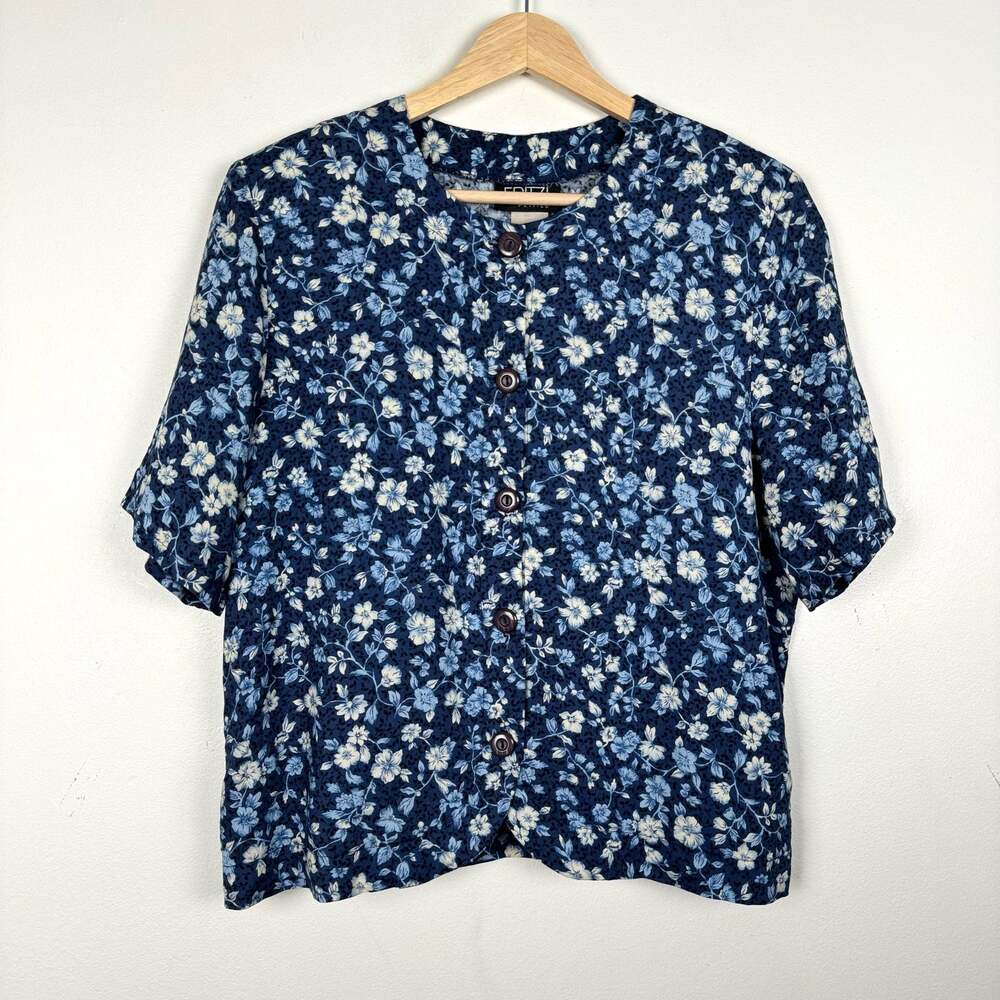 Vintage FRITZI Womens Blue Floral Button Up Shirt Short Sleeve Top Size PL USA